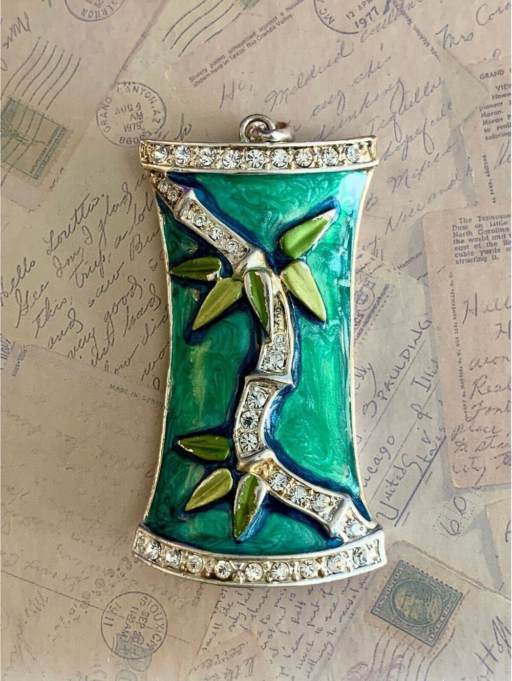 Vintage Enameled Sparkling Bamboo Branch Pendant Necklace with Green Enamel